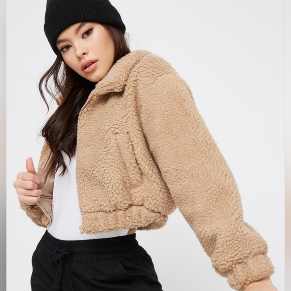 Urban Heritage Jackets & Blazers - URBAN Heritage Cropped Sherpa Fleece Bomber Jacket in Neutral Beige - Size L